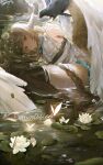  1girl absurdly_long_hair absurdres animal animal_ears bare_shoulders bird bird_ears black_thighhighs braid brown_eyes brown_hair commentary commission crow dress english_commentary feathers flower harpy highres lily_pad long_hair monster_girl original partially_submerged ryuuji_teitoku single_braid solo thighhighs very_long_hair water white_dress white_feathers white_flower white_wings winged_arms wings 