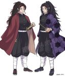  2boys belt belt_buckle black_hair buckle closed_mouth commentary_request earrings hanafuda_earrings highres holding holding_sword holding_weapon japanese_clothes jewelry kimetsu_no_yaiba kimono long_hair male_focus multiple_boys red_eyes red_hair sandals simple_background sword tsugikuni_michikatsu tsugikuni_yoriichi umaki_12521 weapon white_background white_belt 