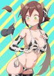  1girl absurdres aile_(mega_man_zx) animal_ears animal_print bikini black_bikini black_bridal_gauntlets black_thighhighs blue_background blush breasts bridal_gauntlets brown_hair buzzlyears cleavage closed_mouth commentary cow_ears cow_horns cow_print cow_print_bikini cow_print_bridal_gauntlets cow_print_thighhighs cow_tail cowboy_shot disembodied_hand fake_animal_ears fake_tail front-tie_bikini_top front-tie_top green_eyes highres horns long_hair medium_breasts mega_man_(series) mega_man_zx mega_man_zx_advent multicolored_thighhighs navel ponytail print_bikini print_bridal_gauntlets print_thighhighs pulling_tail robot_ears side-tie_bikini_bottom solo_focus swimsuit tail thighhighs two-tone_background two-tone_bridal_gauntlets two-tone_thighhighs white_bikini white_bridal_gauntlets white_thighhighs yellow_background 