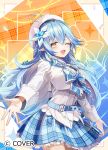  1girl :d ;d ahoge belt beret blue_belt blue_bow blue_hair blue_skirt blue_streaks bow braid chest_bow colored_tips commentary_request copyright_notice cowboy_shot cropped_jacket crossed_bangs double-parted_bangs elf flower frilled_bow frilled_skirt frills hair_between_eyes hair_flower hair_ornament half_up_braid hat heart heart_ahoge hololive jacket long_hair long_pointy_ears looking_at_viewer miniskirt multicolored_hair official_alternate_costume official_art one_eye_closed open_mouth plaid_bow plaid_clothes plaid_skirt pleated_skirt pointy_ears skirt smile solo streaked_hair takechi_akinobu teeth upper_teeth_only very_long_hair vest virtual_youtuber white_hat white_jacket white_vest yellow_eyes yukihana_lamy 