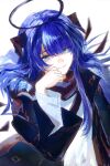  1girl arknights black_jacket blue_eyes blue_hair chinese_commentary closed_mouth commentary_request demon_horns gift_art hair_between_eyes halo hand_on_own_cheek hand_on_own_face hand_up highres horns jacket long_hair long_sleeves looking_at_viewer mostima_(arknights) open_clothes open_jacket second-party_source shi_xian shirt simple_background smile solo upper_body white_background white_shirt 