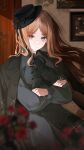  1girl absurdres alternate_costume artist_request ascot bang_dream! bang_dream!_it's_mygo!!!!! black_ascot black_dress black_hat blue_eyes blurry blurry_foreground brown_hair chinese_commentary closed_mouth commentary_request commission cowboy_shot crossed_arms dress flower hat highres indoors jacket jacket_on_shoulders long_hair long_sleeves looking_at_viewer nagasaki_soyo picture_frame red_flower second-party_source sidelocks solo standing swept_bangs 