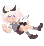  1girl black_shorts black_streaks blue_eyes cevio ci_flower commentary deformed ecoline falling flower_(vocaloid) glasses grey_vest mary_janes midair multicolored_hair necktie open_mouth school_uniform shirt shoes short_hair short_sleeves shorts solo streaked_hair unworn_eyewear vest vocaloid white_background white_hair white_shirt yellow_necktie 