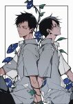  2boys back-to-back black_pants blue_flower border c138300 collared_shirt doumeki_shizuka flower glasses highres leaf looking_to_the_side male_focus multiple_boys pants parted_bangs plant rimless_eyewear round_eyewear shirt short_hair short_sleeves sideways_glance sitting watanuki_kimihiro white_shirt wing_collar xxxholic 