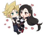  1boy 1girl armor baggy_pants bare_shoulders belt belt_buckle black_gloves black_hair black_skirt black_thighhighs blonde_hair blue_eyes blush boots breasts brown_gloves buckle closed_mouth cloud_strife commentary_request couple crop_top deformed earrings final_fantasy final_fantasy_vii final_fantasy_vii_remake fingerless_gloves full_body gloves heart hetero highres holding_hands jewelry large_breasts long_hair looking_at_another low-tied_long_hair miniskirt multiple_belts open_mouth pants pinyata_(pinyaland) red_boots red_eyes ribbed_sweater short_hair shoulder_armor simple_background skirt sleeveless sleeveless_turtleneck smile spiked_hair suspenders sweater tank_top teardrop_earrings thighhighs tifa_lockhart turtleneck turtleneck_sweater white_background white_tank_top 
