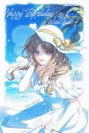  1girl :d alternate_costume alternate_hairstyle artist_request bang_dream! bang_dream!_it's_mygo!!!!! bare_shoulders beach blue_eyes bracelet braid brown_hair chinese_commentary commentary_request commission cowboy_shot dated day dress hair_over_shoulder hand_up happy_birthday hat hat_ribbon highres holding_own_dress jewelry long_hair looking_at_viewer nagasaki_soyo ocean open_mouth outdoors palm_tree ribbon second-party_source sidelocks sky smile solo standing summer sun_hat sundress tree white_dress white_hat yellow_ribbon 