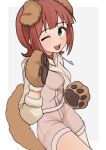  1girl :d ;d absurdres amami_haruka animal_ear_hairband animal_ears animal_hands border breasts brown_hair brown_overalls collar commentary cowboy_shot dog_ear_hairband dog_ears dog_paws dog_tail fake_animal_ears gloves green_eyes grey_background hairband hand_up highres hood hoodie idolmaster idolmaster_(classic) idolmaster_million_live! idolmaster_million_live!_theater_days long_sleeves looking_at_viewer no_hair_bow official_alternate_costume one_eye_closed open_mouth outside_border overalls paw_gloves red_collar redrawn short_hair simple_background smile soayo solo standing tail untranslatable_commentary wanwan_wonderful_(idolmaster) white_border white_hoodie 