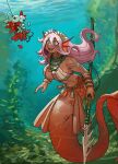  1girl :d absurdres ahoge alt_text bare_shoulders bead_necklace beads blue_eyes bracelet breasts commentary dark-skinned_female dark_skin english_commentary ezzydraws fins fish_hook flower hair_between_eyes hair_flower hair_ornament head_fins highres holding holding_polearm holding_weapon jacket jewelry large_breasts long_hair long_hair_between_eyes merfolk mermaid monster_girl multiple_bracelets necklace open_clothes open_jacket original pink_hair polearm scar seaweed sharp_teeth smile solo spear tassel teeth underwater weapon 