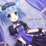  1girl ahoge alternate_costume animal_ears black_dress black_hairband black_wrist_cuffs blue_background blue_bow blue_bowtie blue_dress blue_eyes blue_hair blunt_bangs blush_stickers bow bowtie cat_ears cat_girl commentary_request dated dress dress_bow drop_shadow emil_chronicle_online frilled_sleeves frills hair_bow hairband lace_hairband lowres nekomata_ai open_mouth ruki_aiuchi sleeve_bow solo two-tone_dress wrist_cuffs 