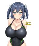  1girl arms_behind_back bare_arms black_hair black_one-piece_swimsuit blue_eyes breasts closed_mouth collarbone commentary_request competition_swimsuit covered_navel dated dated_commentary hair_between_eyes hair_ribbon highres kantai_collection large_breasts looking_at_viewer montemasa one-piece_swimsuit ribbon sidelocks signature simple_background smile solo souryuu_(kancolle) standing swimsuit twintails white_background white_ribbon 