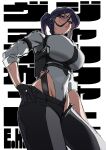  1girl absurdres black_gloves black_hair black_pants breasts character_name commentary_request e.h._(junkyard_vanguard)_(nikke) e.h._(nikke) from_below glasses gloves goddess_of_victory:_nikke gun hand_on_own_hip handgun harness highleg highleg_leotard highres large_breasts leotard leotard_under_pants looking_at_viewer official_alternate_costume official_alternate_hairstyle open_fly pants pink-tinted_eyewear ponytail round_eyewear sidelocks solo tinted_eyewear tokarev_tt-33 weapon white_leotard yorha_oekaki 