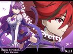  2girls animal_ears autmtherom birthday boots cat_ears cat_girl cat_tail commentary_request cure_chocolat cure_macaron dated dress elbow_gloves food-themed_hair_ornament frilled_dress frills gloves hair_ornament happy_birthday high_heel_boots high_heels highres kenjou_akira kirakira_precure_a_la_mode knee_boots kotozume_yukari looking_at_viewer macaron_hair_ornament multiple_girls precure profile puffy_short_sleeves puffy_sleeves purple_dress purple_eyes purple_hair red_eyes red_hair short_sleeves tail twitter_username white_gloves 