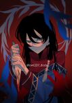  1girl absurdres black_hair blood blue_cloak cloak commentary_request doda facial_tattoo grey_eyes highres holding korean_commentary red_background red_shirt red_vest scp_foundation shirt tattoo vest 