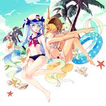  anklet ball barefoot beach beachball bikini blonde_hair blue_eyes blue_hair bracelet breasts day drink drinking_straw frilled_bikini frills hat hatsune_miku innertube jewelry long_hair medium_breasts multiple_girls navel open_mouth palm_tree peaked_cap platina77 sailor_collar seashell seeu shell sideboob sitting small_breasts starfish swimsuit tree tropical_drink twintails very_long_hair vocaloid yellow_eyes 