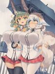  2girls animal_ear_fluff animal_ears black_thighhighs blue_hair breasts cloud commentary_request green_hair grey_sky holding holding_umbrella kuromiya kuromiya_raika_(kuromiya) large_breasts looking_at_another multicolored_hair multiple_girls orange_hair original pantyhose plaid_clothes plaid_skirt rain red_skirt shiromiya_asuka_(kuromiya) shirt skirt sky tail thighhighs two-tone_hair umbrella white_hair white_pantyhose white_shirt zettai_ryouiki 