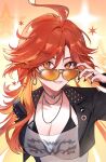 1girl adjusting_eyewear ahoge alternate_costume black_jacket black_nails blonde_hair breasts colored_inner_hair commentary cropped_jacket earrings genshin_impact hair_between_eyes hand_on_eyewear highres jacket jewelry large_breasts leather leather_jacket llwd010 long_hair looking_at_viewer mavuika_(genshin_impact) multicolored_hair nail_polish necklace orange_eyes parted_lips red_hair see-through_clothes see-through_shirt shirt smile solo tinted_eyewear untranslatable_commentary upper_body 
