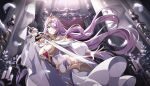  1girl armor blue_eyes breasts cleavage crown dress elf hair_over_one_eye highres kage_no_jitsuryokusha_ni_naritakute! kage_no_jitsuryokusha_ni_naritakute!_master_of_garden large_breasts long_hair official_art pointy_ears purple_hair smile solo sword third-party_source victoria_(kagejitsu) weapon white_dress 
