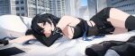  1girl absurdres artist_name bare_shoulders bed black_gloves black_hair black_skirt black_thighhighs blue_eyes blue_hair blush breasts buckle cityscape cleavage closed_mouth clothing_cutout commentary elbow_gloves english_commentary fingerless_gloves gloves highres indoors large_breasts long_hair looking_at_viewer lying mole mole_under_eye multicolored_hair on_bed original pillow saiivia shoes skirt solo sweatdrop tablet_pc thighhighs thighs two-tone_hair unworn_shoes very_long_hair window wireless_earphones 