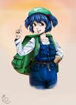  backpack bag blue_eyes blue_hair hat hold111 kawashiro_nitori overalls pointing solo touhou two_side_up 