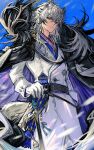  1boy absurdres animal_ears arknights belt black_cape blue_background blue_cape blue_eyes cape closed_mouth coat commentary cowboy_shot crossed_bangs feitong27 gloves grey_hair hair_between_eyes hand_in_pocket hand_on_hilt highres long_coat long_hair looking_at_viewer male_focus silverash_(arknights) silverash_the_reignfrost_(arknights) snow_leopard_boy snow_leopard_ears snow_leopard_tail solo sword tail two-sided_cape two-sided_fabric weapon white_coat white_gloves 