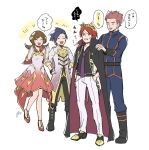  1girl 3boys :d anger_vein belt black_boots black_cape black_gloves black_hair black_shoes boots brown_hair cape clenched_teeth closed_eyes commentary_request ethan_(champion)_(pokemon) ethan_(pokemon) fingerless_gloves gloves hands_on_own_hips highres jacket lance_(pokemon) lyra_(champion)_(pokemon) lyra_(pokemon) mocollie multiple_boys necktie official_alternate_costume open_mouth pants pants_tucked_in pokemon pokemon_heartgold_and_soulsilver pokemon_masters_ex purple_necktie red_hair shirt shoes short_hair silver_(champion)_(pokemon) silver_(pokemon) smile speech_bubble standing teeth translation_request twintails upper_teeth_only white_pants 