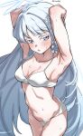  1girl absurdres armpits arms_behind_head arms_up bikini blue_archive breasts collarbone commentary_request grey_eyes hair_ornament halo highres konbanwa214 long_hair looking_at_viewer medium_breasts nagusa_(blue_archive) nagusa_(swimsuit)_(blue_archive) official_alternate_costume open_mouth simple_background snowflake_hair_ornament snowflake_halo solo sweat swimsuit twitter_username white_background white_bikini white_hair 