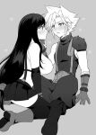  1boy 1girl armor black_hair black_skirt black_thighhighs blonde_hair blush boots breasts cloud_strife commentary_request couple crop_top elbow_gloves final_fantasy final_fantasy_vii final_fantasy_vii_remake from_side gloves grey_background greyscale hand_on_another's_cheek hand_on_another's_face heart hetero highres kneeling large_breasts long_hair looking_at_another low-tied_long_hair miniskirt monochrome pinyata_(pinyaland) profile ribbed_sweater shoulder_armor simple_background sitting skirt sleeveless sleeveless_turtleneck spiked_hair suspenders sweatdrop sweater tank_top thighhighs tifa_lockhart turtleneck turtleneck_sweater white_tank_top 