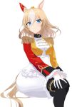  1girl animal_ears asymmetrical_gloves asymmetrical_jacket blonde_hair blue_eyes blush bodysuit breasts closed_mouth commentary_request durandal_(chevalier_fidele)_(umamusume) durandal_(umamusume) ear_covers epaulettes frilled_bodysuit gloves gold_embroidery hair_between_eyes highres horse_ears horse_girl horse_tail invisible_chair kitaugetu long_hair looking_at_viewer multicolored_hair simple_background single_ear_cover sitting smile solo tail two-tone_hair umamusume white_background white_bodysuit white_gloves white_hair 