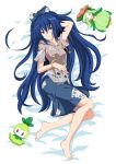  1girl arm_behind_head asatsuki_(fgfff) barefoot blue_eyes blue_hair bow bracelet character_doll closed_mouth commentary_request controller crossover dakimakura_(medium) doll feet full_body game_controller hair_between_eyes hair_bow highres hooded_shirt jewelry lilligant long_hair lying nintendo_64_controller parted_lips petilil pokemon pokemon_(creature) print_shorts shirt short_sleeves shorts solo tassel toes touhou yorigami_shion 