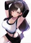  1girl armpits arms_up bare_shoulders black_hair blush breasts cleavage closed_mouth collarbone commentary_request crop_top detached_sleeves earrings final_fantasy final_fantasy_vii gloves izumi_akane jewelry large_breasts long_hair looking_at_viewer low-tied_long_hair midriff navel red_eyes skirt smile solo suspender_skirt suspenders tank_top teardrop_earrings tifa_lockhart white_tank_top 
