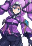  1girl biker_clothes bikesuit black_gloves black_pants blue_eyes bodysuit commentary_request curly_hair gloves grey_hair highres hood hood_down hoodie long_hair looking_at_viewer melia_antiqua official_alternate_costume pants purple_hoodie smile solo tochiryo xenoblade_chronicles_(series) xenoblade_chronicles_1 