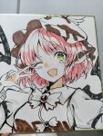 1girl absurdres animal_ears bird_ears bird_wings bow bowtie brown_dress brown_hat collared_shirt commentary_request dress hat highres l0e9s29p looking_at_viewer mystia_lorelei one_eye_closed open_mouth photo_(medium) pinafore_dress pink_hair shikishi shirt sleeveless sleeveless_dress smile solo touhou traditional_media v v_over_eye white_bow white_bowtie white_shirt winged_hat wings yellow_eyes 