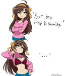  ... 1girl :t absurdres ahoge angry bow bow_bra bra breasts bright_pupils brown_eyes brown_hair cleavage closed_mouth clothes_lift collarbone commentary crossed_arms denim dot_nose english_commentary english_text frilled_bra frills frown hair_ribbon hairband hand_on_own_hip highres jeans jitome large_breasts lifting_own_clothes long_hair long_sleeves looking_at_viewer looking_to_the_side meme midriff navel official_alternate_hairstyle pants pink_shirt pout raised_eyebrow red_bra ribbon shirt shirt_lift simple_background split_mouth suzumiya_haruhi suzumiya_haruhi_no_shoushitsu suzumiya_haruhi_no_yuuutsu t-works twitter_username underwear v-shaped_eyebrows very_long_hair white_background white_pupils yellow_hairband yellow_ribbon your_bra_strap_is_showing_(meme) 