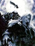  1boy absurdres armor belt black_coat black_gloves bracelet chest_strap closed_mouth coat collarbone commentary_request curtained_hair english_commentary feathered_wings final_fantasy final_fantasy_vii final_fantasy_vii_remake final_fantasy_vii_revelation floating from_below full_body gloves highres jewelry long_hair looking_at_viewer male_focus masamune_(ff7) parted_bangs people r07th sephiroth shoulder_armor single_wing upper_body wings 