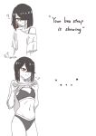  1girl absurdres black_hair bra bra_strap breasts clothes_lift commentary earrings fate/grand_order fate_(series) hair_over_one_eye highres jewelry looking_at_another meme mole mole_under_eye motizou navel off-shoulder_shirt off_shoulder orange_eyes panties shirt shirt_lift single_bare_shoulder small_breasts smug sports_bra sports_panties stomach underwear untranslatable_commentary white_shirt xu_fu_(fate) your_bra_strap_is_showing_(meme) 