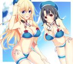  atago_(kantai_collection) bikini black_hair blonde_hair blue_eyes blue_hat blush breasts day happy hat kantai_collection kazeoto_kirito large_breasts long_hair multiple_girls navel red_eyes short_hair sky smile swimsuit takao_(kantai_collection) 