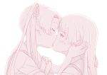  2girls ayanami_(kancolle) blush closed_eyes commentary_request from_side hair_down hair_ribbon hand_on_another's_face highres kantai_collection kiss long_hair looking_at_another monochrome multiple_girls parted_bangs red_theme ribbon sailor_collar shikinami_(kancolle) shirt short_sleeves siblings side_ponytail sidelocks simple_background sisters upper_body wachi_(hati1186) white_background yuri 