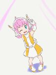  1girl :d ;d anklet asatsuki_(fgfff) blue_eyes blush_stickers commentary_request dress elbow_gloves eyelashes full_body gloves happy headphones jewelry little_girl_(pokemon) long_hair looking_at_viewer one_eye_closed open_mouth pigeon-toed pink_hair pokemon pokemon_battle_revolution shoes sleeveless sleeveless_dress smile solo standing twintails v white_gloves white_shoes 