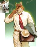  1boy animal_ears bag brown_fur chinese_commentary cigarette coat commentary_request derivative_work furry furry_male grin hat highres holding holding_bag holding_cigarette holding_coat holding_unworn_clothes holding_unworn_hat lan_uxn leonardo_dicaprio looking_at_viewer male_focus mr._wolf necktie red_necktie reference_inset shirt smile smoking the_bad_guys_(movie) unworn_coat unworn_hat unworn_headwear white_shirt wolf_boy wolf_ears 