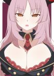  1girl @_@ blue_archive blunt_sidelocks border bra bra_peek breasts buttons cleavage demon_girl demon_horns dot_nose expressionless fangs highres horns huge_breasts hypnosis kiryo_(fcu4an) lace-trimmed_bra lace_trim light_blush long_hair looking_at_viewer middle_part mind_control mole mole_on_breast necktie open_mouth orange_eyes pink_hair red_background red_bra red_necktie satsuki_(blue_archive) short_necktie sidelocks simple_background solo straight-on underwear upper_body white_border wing_collar 