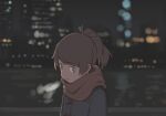  1girl alternate_costume black_ribbon black_sky blue_coat breath brown_hair brown_scarf cityscape coat commentary_request from_side hair_ribbon highres kantai_collection long_sleeves looking_at_viewer medium_hair night outdoors parted_bangs ponytail ribbon scarf shikinami_(kancolle) sidelocks sky smile solo turning_head upper_body wachi_(hati1186) winter_clothes yellow_eyes 