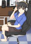  bangs barefoot black_hair blue_shirt blunt_bangs book brown_eyes chair checkered checkered_floor computer desk headphones highres indoors kantai_collection keyboard legs long_hair looking_at_viewer md5_mismatch monitor office_chair original sano_souichi shirt shoukaku_(kantai_collection) sitting skirt smile solo speaker 