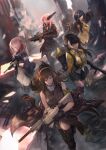  5girls absurdres anti-rain_(girls'_frontline) ar-15 assault_rifle bandana bandana_around_neck cglas colt_9mm_smg girls'_frontline gun highres holding holding_gun holding_megaphone holding_weapon m16 m16a1 m16a1_(girls'_frontline) m4_carbine m4_sopmod_ii_(girls'_frontline) m4a1_(girls'_frontline) megaphone multiple_girls particle_cannon_case print_collar rifle ro635_(girls'_frontline) skull_print st_ar-15_(girls'_frontline) submachine_gun weapon 