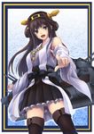  ahoge bare_shoulders bit_(keikou_syrup) boots breasts brown_hair detached_sleeves hair_ornament hairband headgear japanese_clothes kantai_collection kongou_(kantai_collection) long_hair looking_at_viewer medium_breasts nontraditional_miko open_mouth outside_border pointing solo thigh_boots thighhighs wide_sleeves zettai_ryouiki 