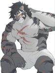  1boy animal_ears arm_behind_head bara biceps black_fur black_hair claws closed_mouth commentary_request cross_scar furry furry_male highres looking_at_viewer male_focus multiple_scars muscular muscular_male naked_towel navel nipples oofutontonn pectorals scar scar_across_eye scar_on_arm scar_on_chest scar_on_face scar_on_leg scar_on_nose scar_on_stomach sdorica tiger_boy tiger_ears tiger_stripes topless_male towel towel_around_waist white_background yao_(sdorica) 