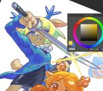  2girls antlers art_program_in_frame black_dress blonde_hair blue_coat blue_eyes blue_horns carol_holiday coat commentary deer_antlers deer_girl deltarune dress english_commentary furry furry_female gaida holding holding_sword holding_weapon horns jewelry katana mother_and_child mother_and_daughter multiple_girls necklace noelle_holiday parent_and_child pearl_necklace sword unfinished utdr_(toby_fox) weapon 