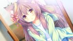  1girl :o animal_ear_fluff animal_ears blush bow brown_eyes brown_hair collarbone dutch_angle fox_ears fox_girl fox_tail game_asset green_hoodie hair_between_eyes hair_bow highres hood hood_down hoodie indoors long_hair looking_at_mirror looking_at_viewer madohi_shiroki_no_kamikakushi mirror moekibara_fumitake parted_lips reflection shirt solo tail tooki_roka white_shirt 