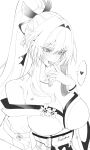  1girl absurdres after_fingering bite_mark bite_mark_on_shoulder breasts cleavage commentary earrings finger_to_mouth greyscale hair_intakes heart hickey highres hiyuki_(wuthering_waves) jewelry large_breasts long_hair monochrome off_shoulder ponytail rudang solo spoken_heart upper_body wuthering_waves 
