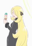  1girl :d ^_^ asatsuki_(fgfff) black_coat black_pants blonde_hair closed_eyes coat commentary_request cynthia_(pokemon) facing_viewer food fur-trimmed_coat fur_collar fur_trim hair_ornament hair_over_one_eye highres holding holding_food holding_ice_cream ice_cream ice_cream_cone in_memoriam long_hair long_sleeves looking_back multiple_scoops open_mouth pants pokemon pokemon_diamond/pearl/platinum sakurai_tomo_(voice_actor) simple_background smile solo very_long_hair voice_actor_connection wavy_hair white_background 