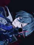  1boy aiming aiming_at_viewer black_background black_gloves blue_coat blue_gem blue_hair coat collared_shirt double-parted_bangs gem genshin_impact gloves gun hair_between_eyes hair_intakes highres holding holding_gun holding_weapon lohen_(genshin_impact) looking_at_viewer male_focus multicolored_shirt open_clothes open_coat outstretched_arm parted_lips shirt sideways solo syoooo_uu twitter_username upper_body weapon wing_collar 